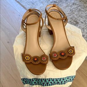 Tory Burch Tan Sandals with Floral Details